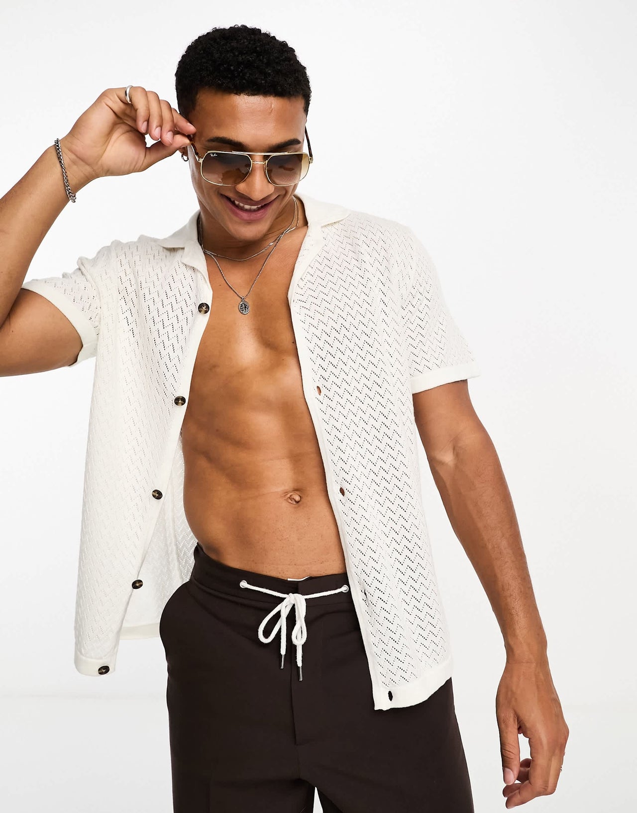 Selected revere collar knitted shirt in white