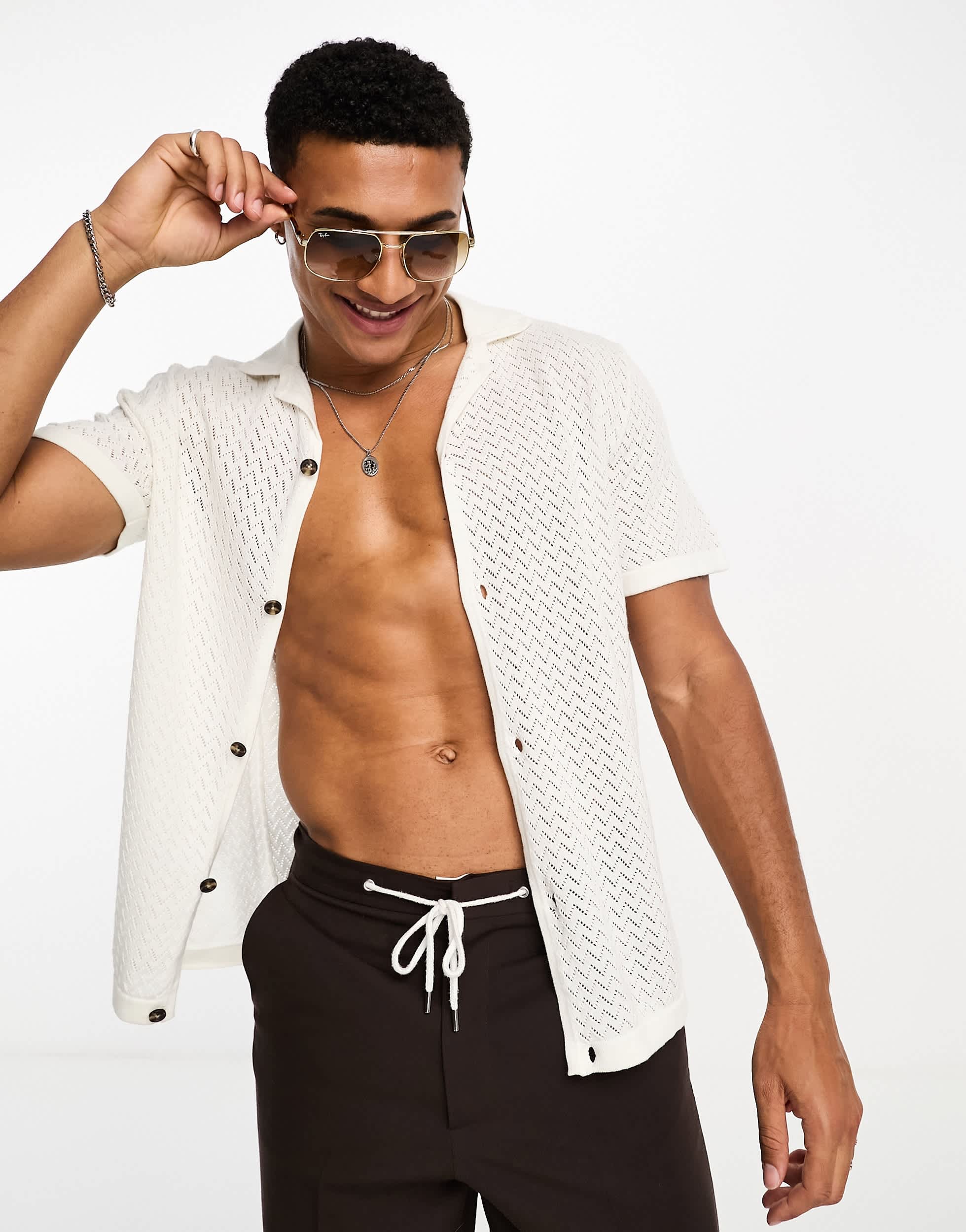 Selected revere collar knitted shirt in white