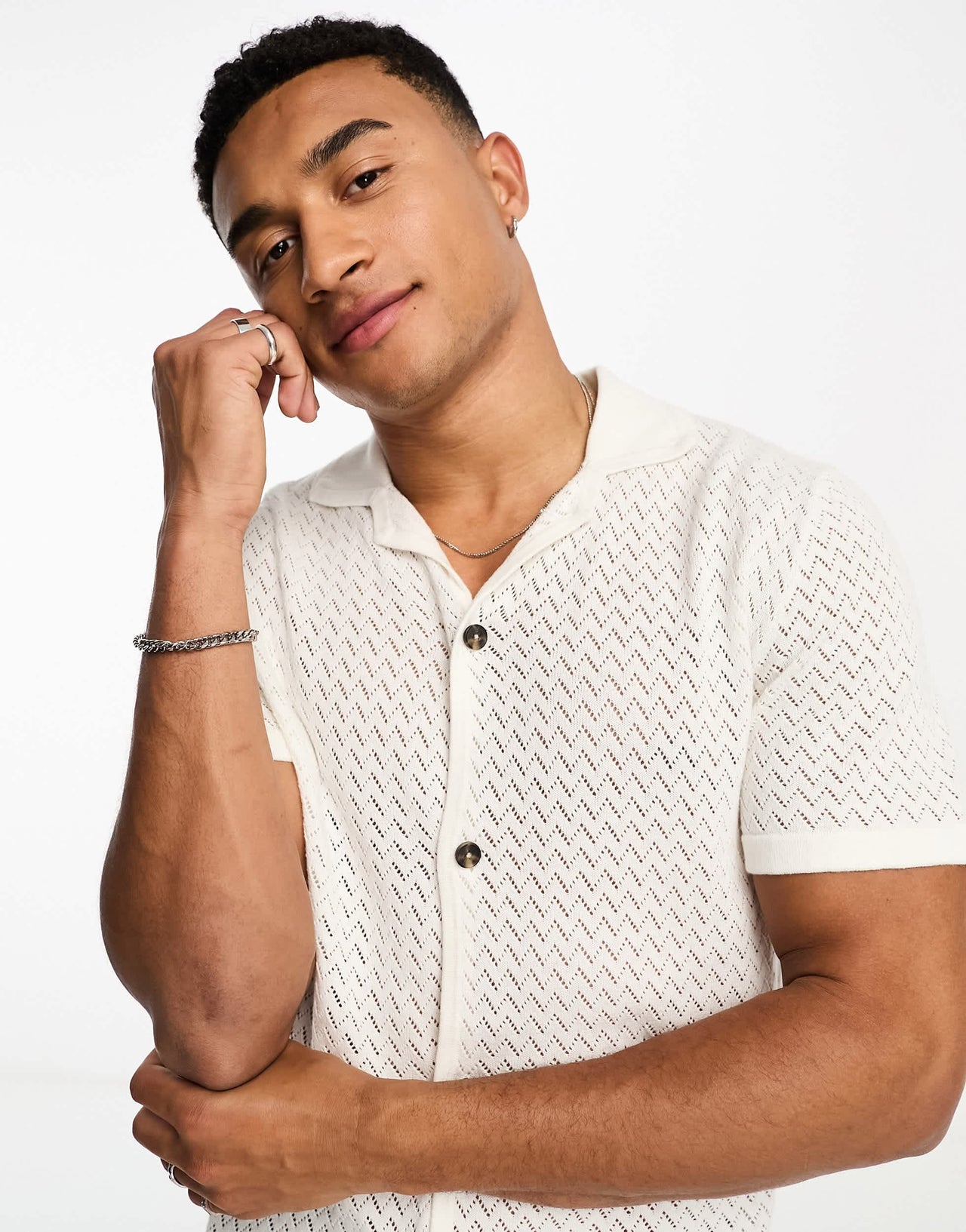 Selected revere collar knitted shirt in white