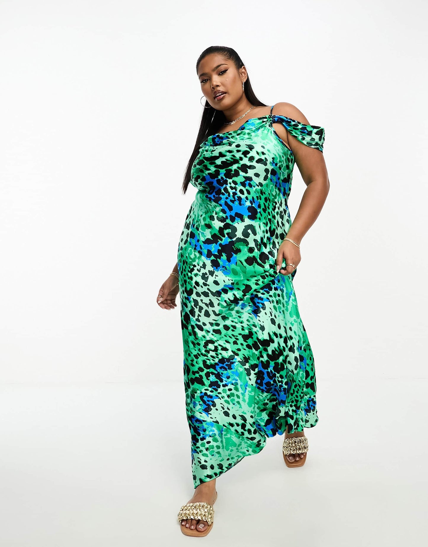 River Island Plus cowl neck drape sleeve satin midi dress in green animal print
