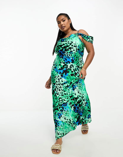 River Island Plus cowl neck drape sleeve satin midi dress in green animal print