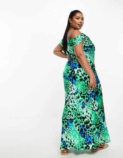 River Island Plus cowl neck drape sleeve satin midi dress in green animal print