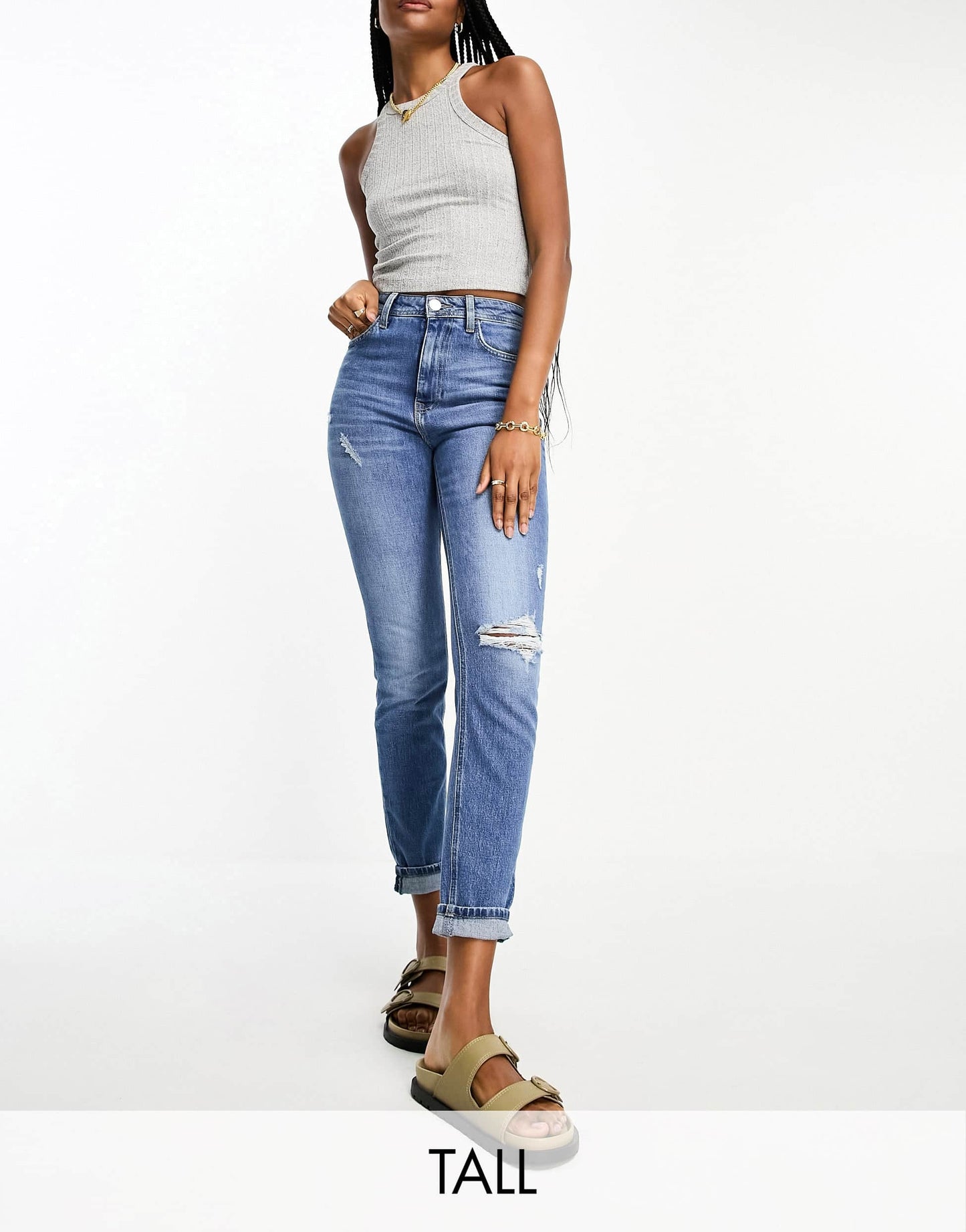 River Island Tall slim mom jeans in mid blue wash