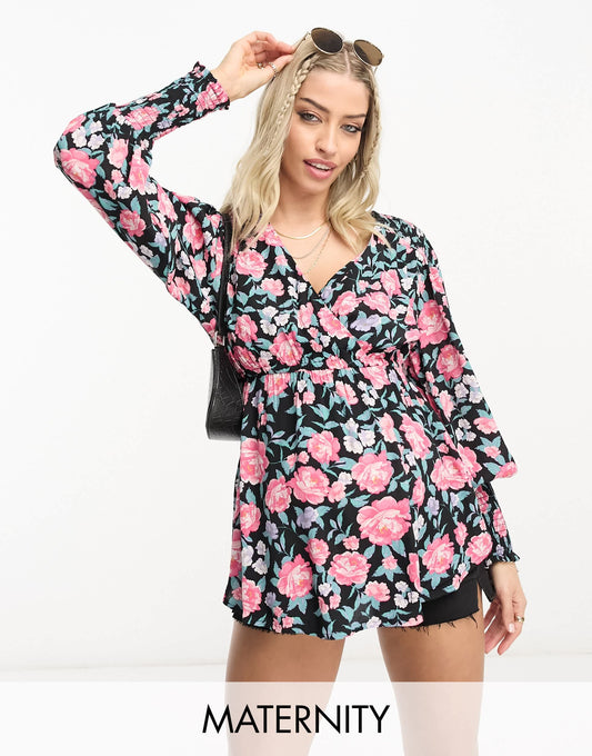 River Island Maternity wrap top with long sleeves in pink floral