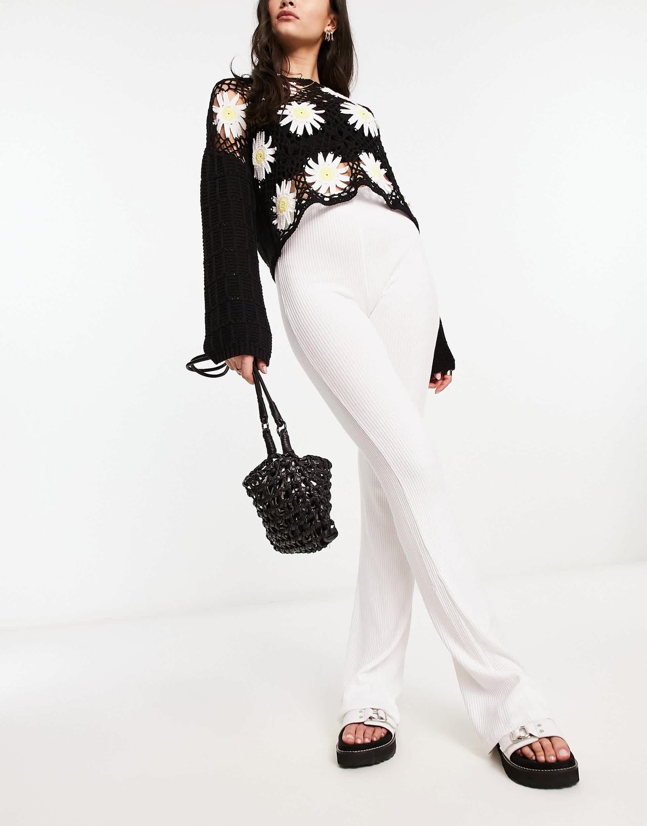 Bershka ribbed flared trousers in white