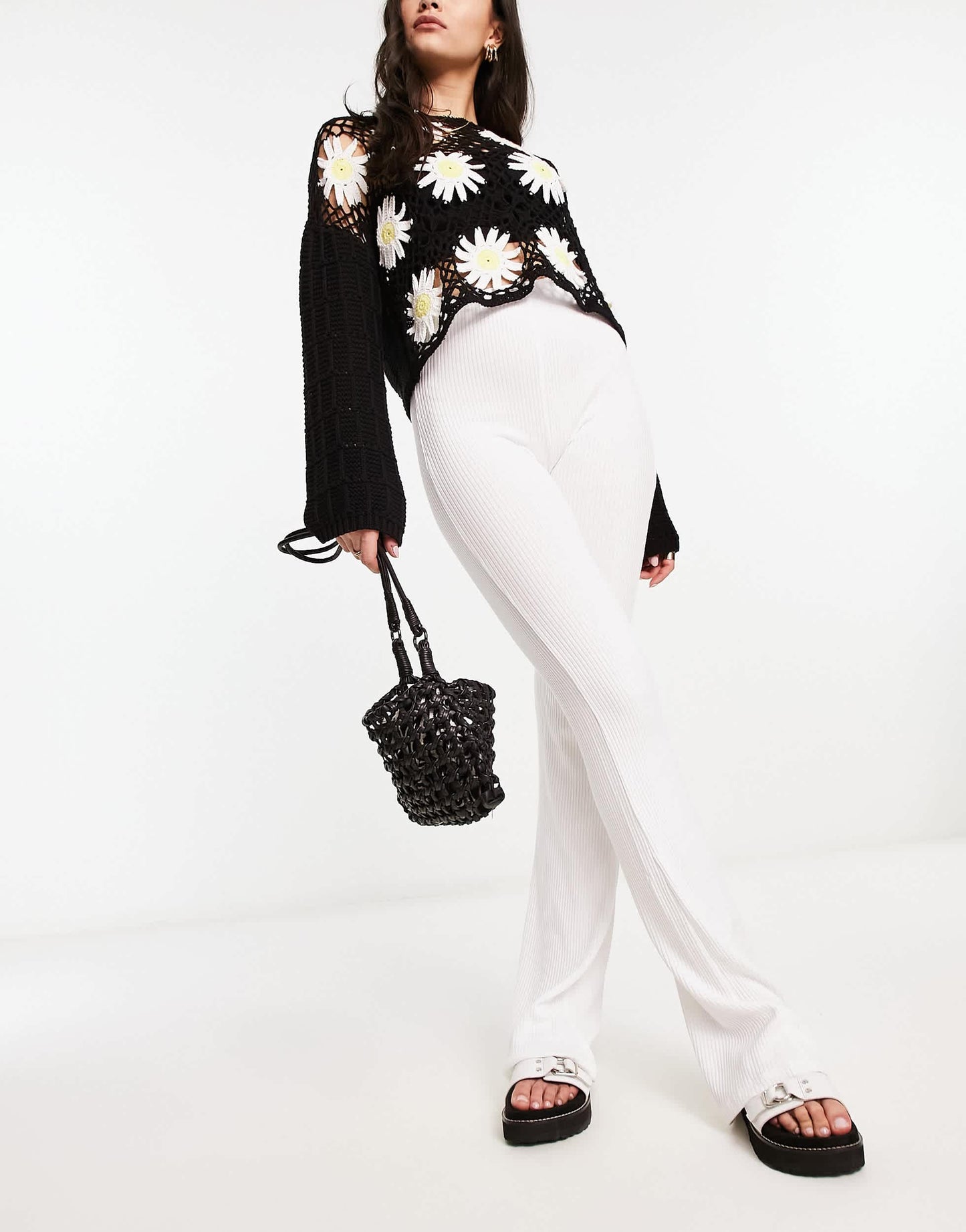 Bershka ribbed flared trousers in white