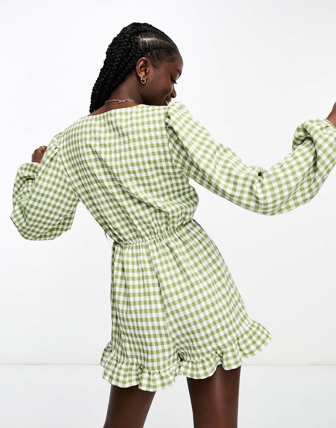 Miss Selfridge long sleeve tie front playsuit in khaki gingham