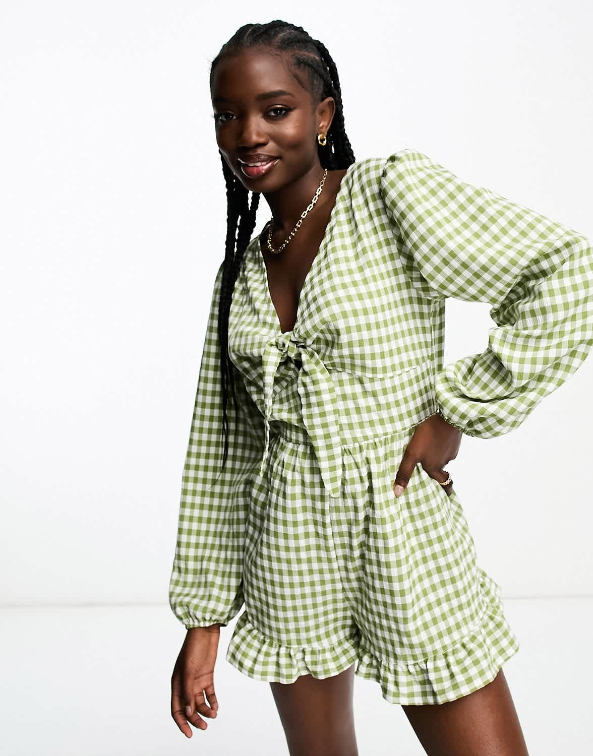 Miss Selfridge long sleeve tie front playsuit in khaki gingham