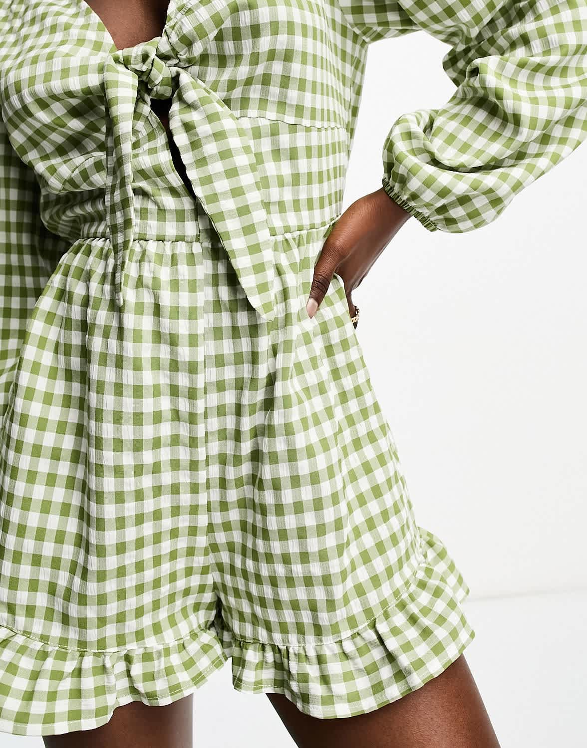 Miss Selfridge long sleeve tie front playsuit in khaki gingham