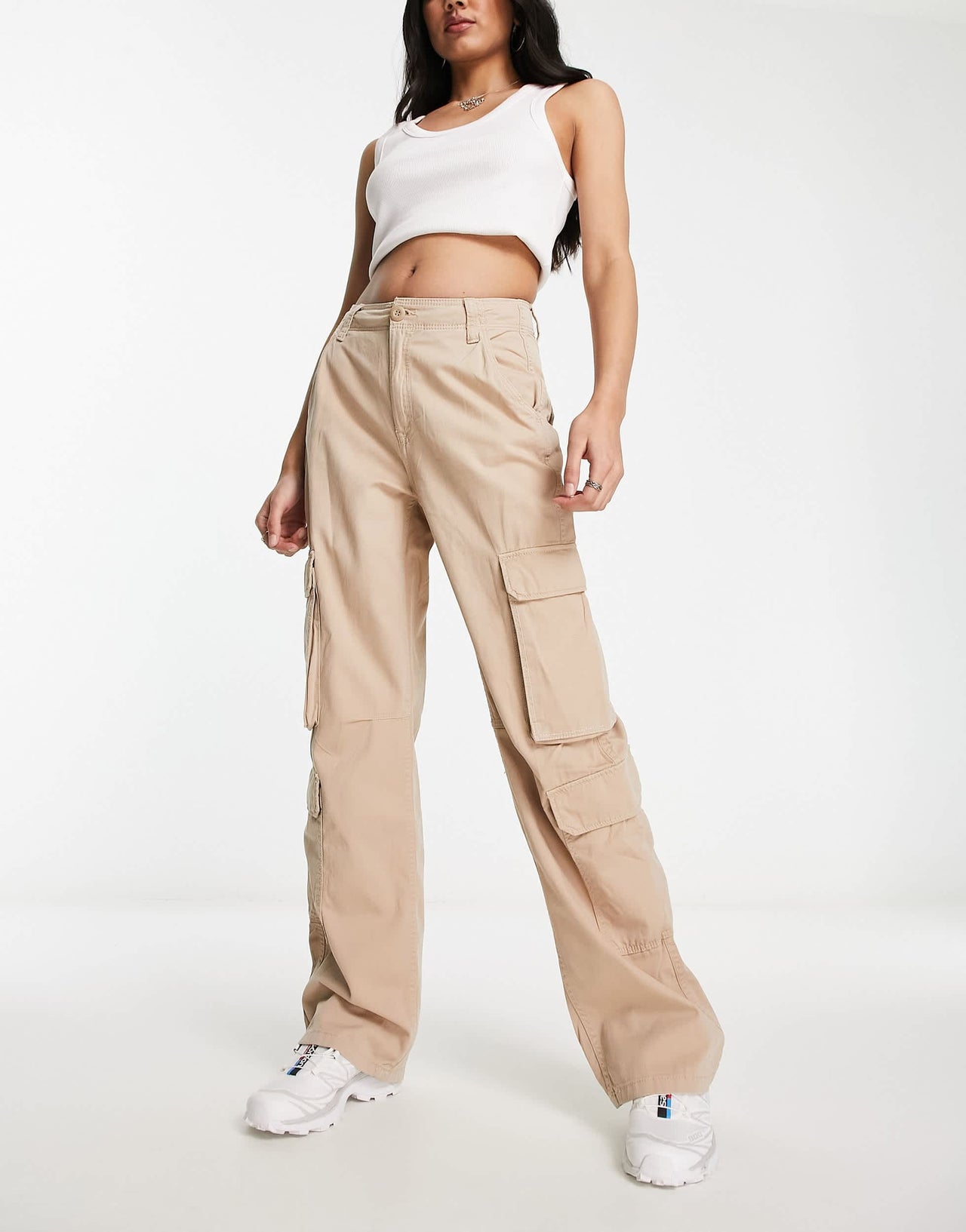 Bershka drawstring waist cargo trousers in camel