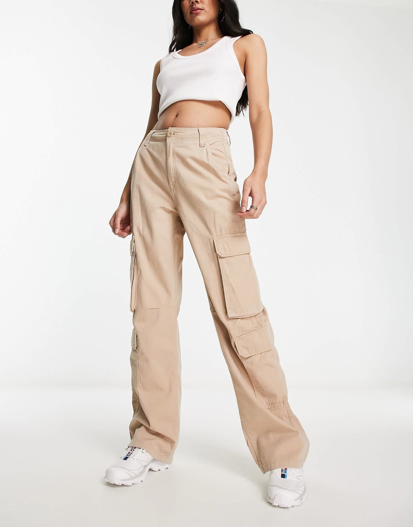 Bershka drawstring waist cargo trousers in camel