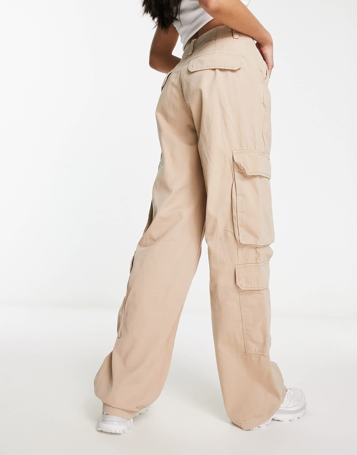 Bershka drawstring waist cargo trousers in camel