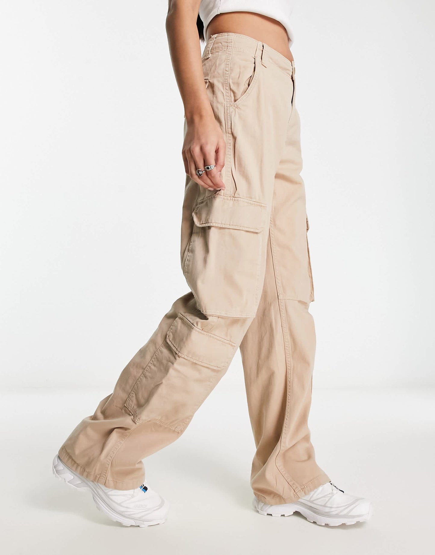 Bershka drawstring waist cargo trousers in camel