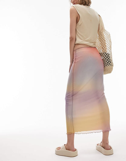 Topshop Petite mesh pastel blurred printed picot trim midi skirt in multi