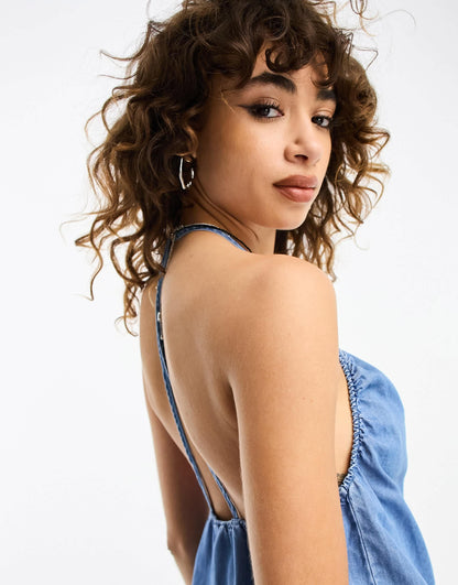 Only halterneck denim mini dress in blue