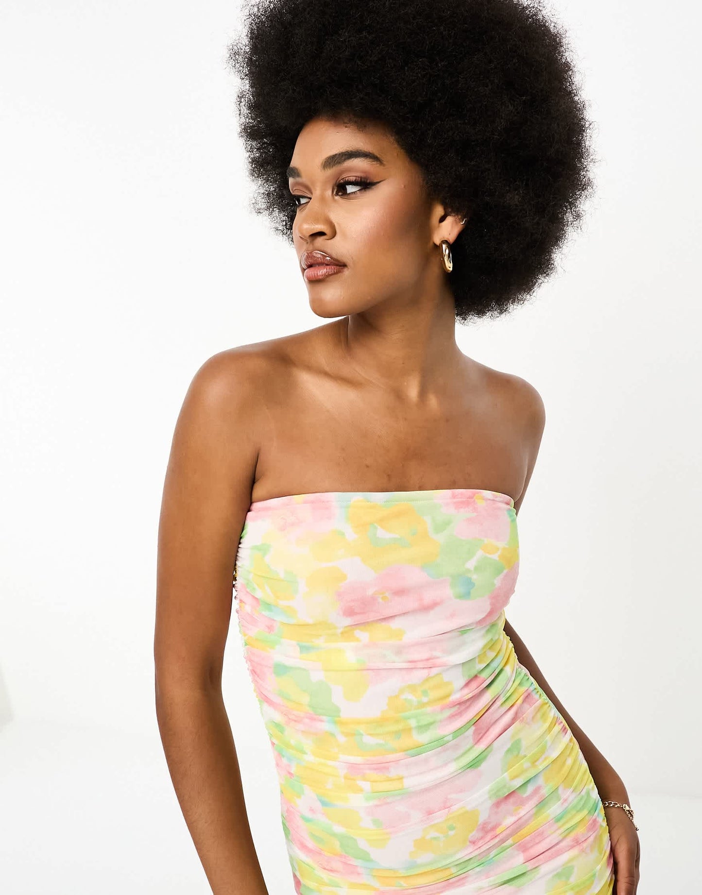 Only Tall ruched detail strapless bodycon dress in multi floral