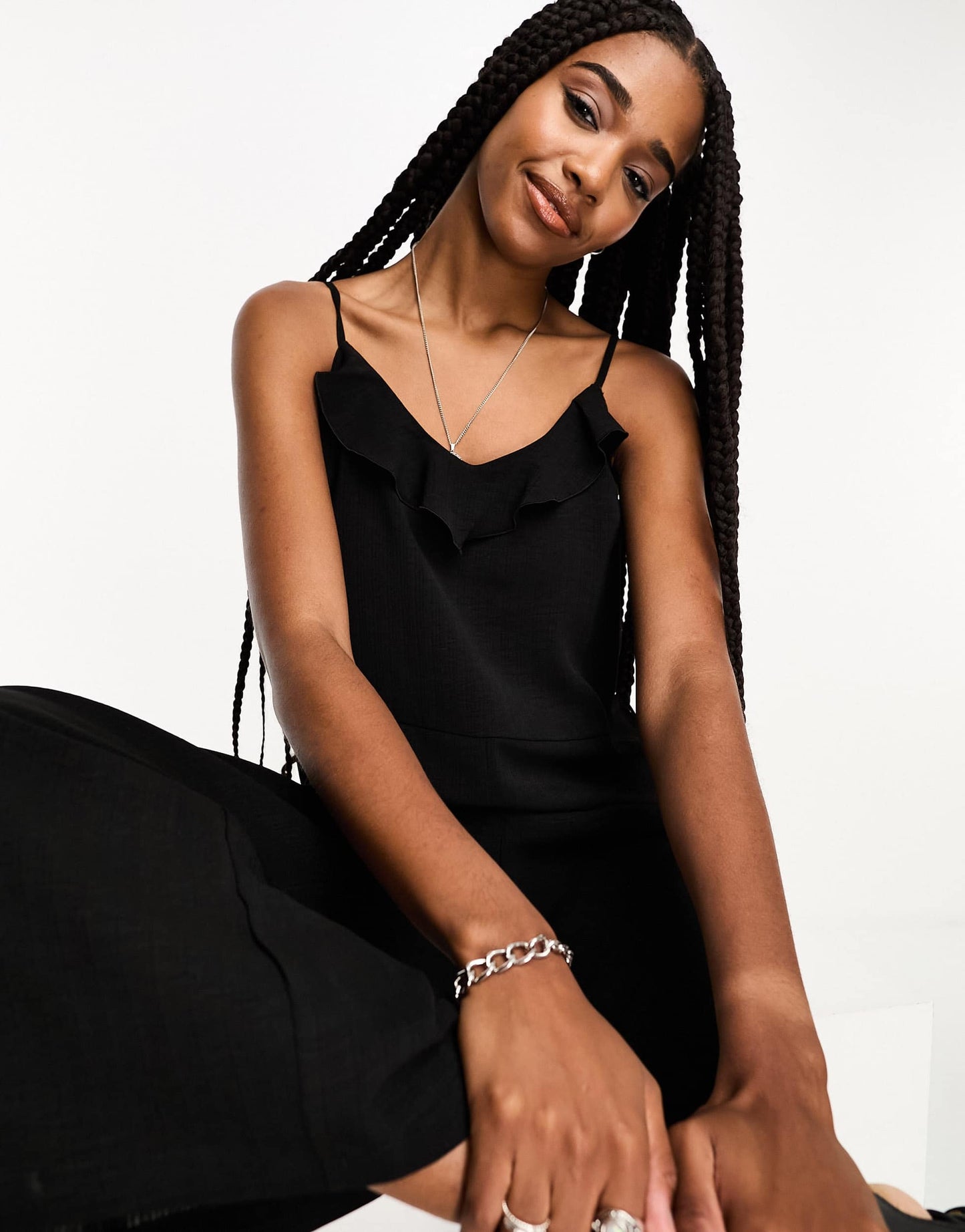 Only Tall frill detail belted jumpsuit in black