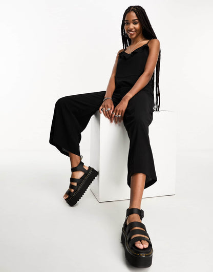 Only Tall frill detail belted jumpsuit in black