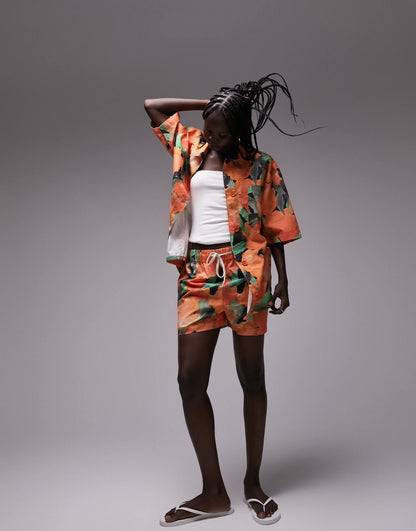 Topshop co-ord oversized short sleeve shirt in orange print