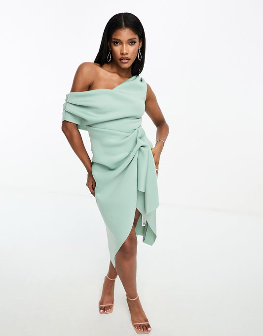 ASOS DESIGN fallen shoulder manipulated tuck midi pencil dress in frosty sage