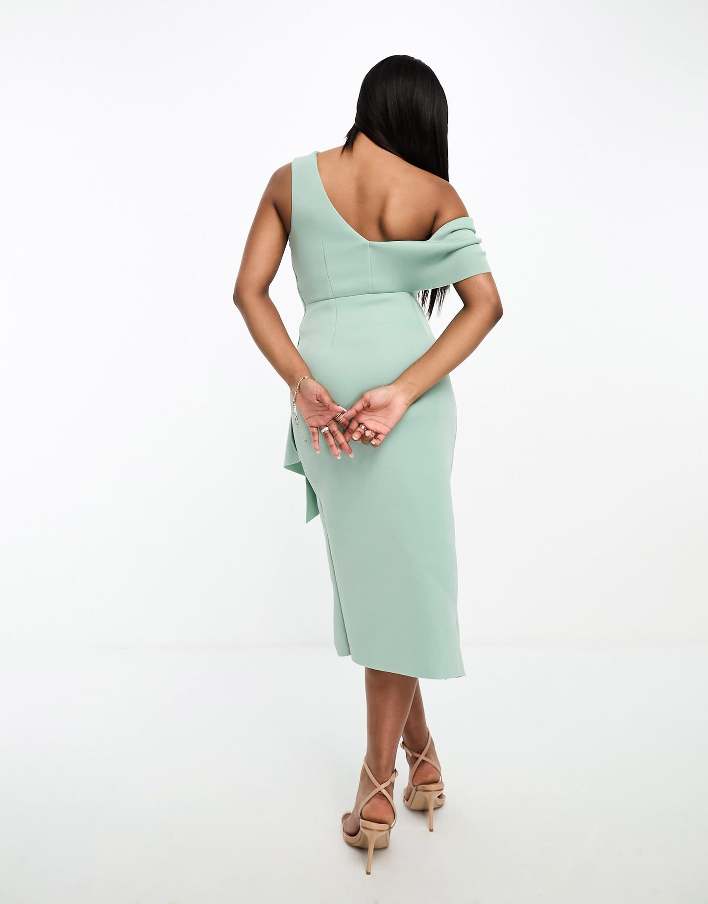 ASOS DESIGN fallen shoulder manipulated tuck midi pencil dress in frosty sage