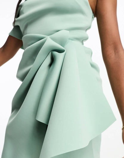 ASOS DESIGN fallen shoulder manipulated tuck midi pencil dress in frosty sage