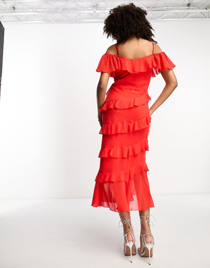 Little Mistress bardot midaxi dress with frill detail in red