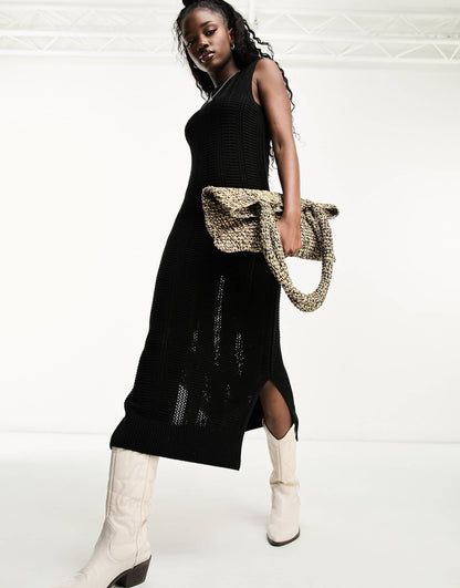New Look sleeveless crochet midi dress in black