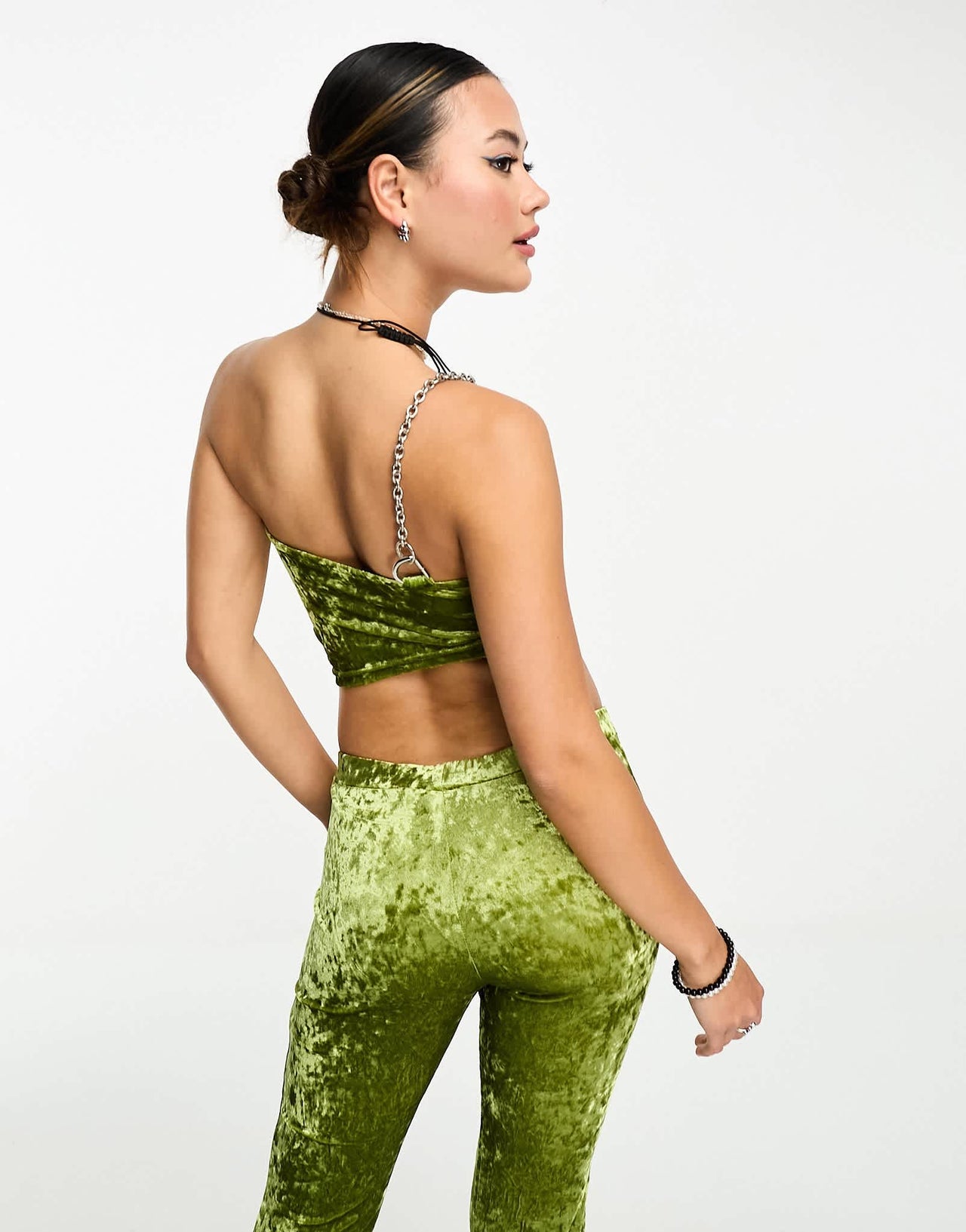 The Ragged Priest slashed velvet one shoulder chain crop top co-ord