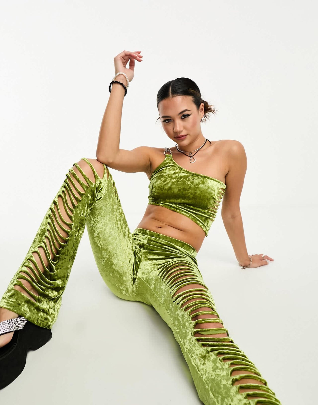 The Ragged Priest slashed velvet one shoulder chain crop top co-ord