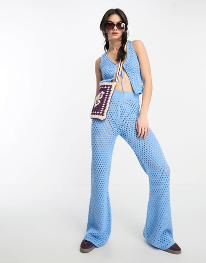 ASOS DESIGN co-ord crochet tie front top in blue