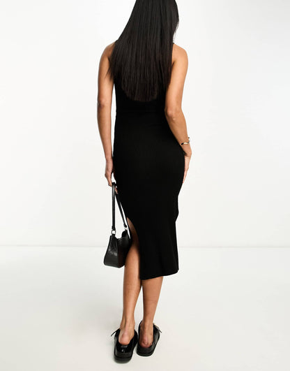 River Island hardware detail ribbed knit midi dress in black