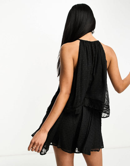 River Island dobby jacquard tiered playsuit in black