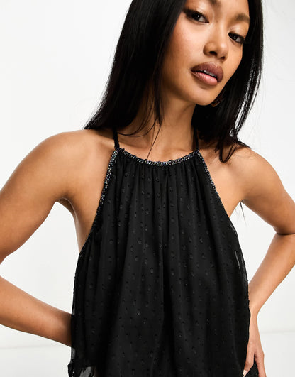 River Island dobby jacquard tiered playsuit in black