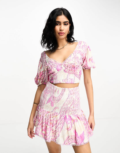 River Island print shirred puff sleeve beach top co-ord in pink