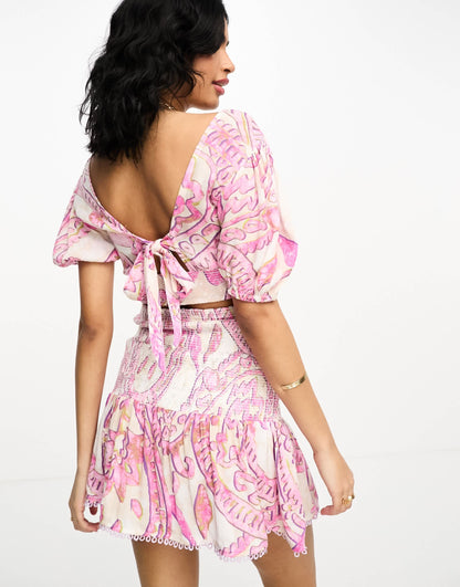 River Island print shirred puff sleeve beach top co-ord in pink