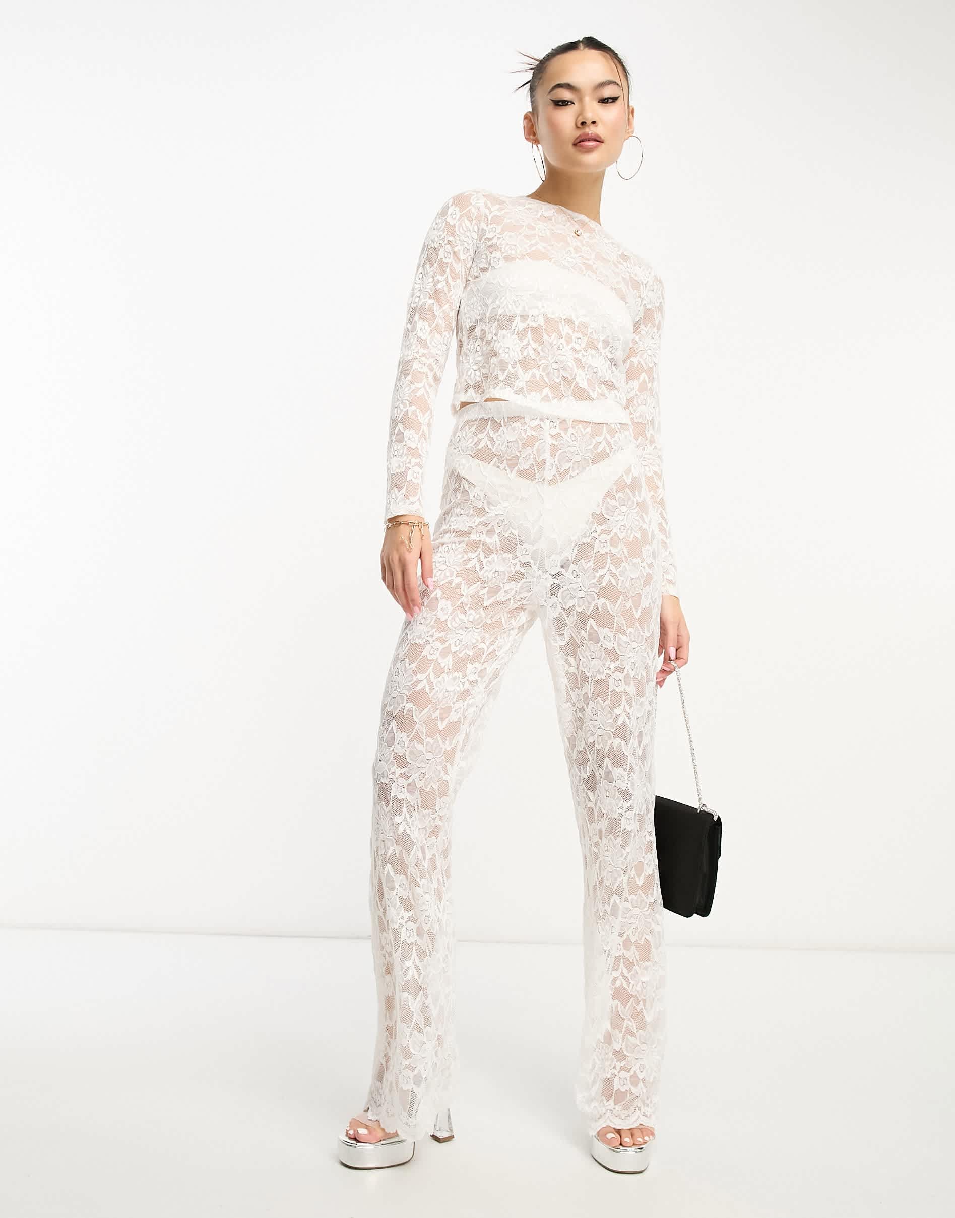 Flounce London sheer lace trouser in white co ord
