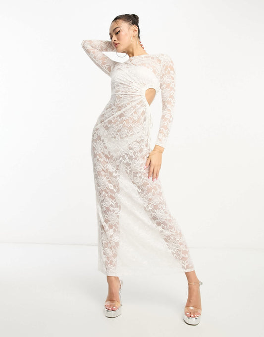 Flounce London sheer lace ruched maxi dress in ivory