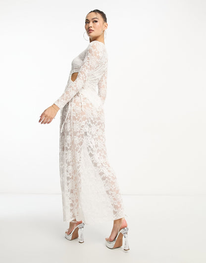 Flounce London sheer lace ruched maxi dress in ivory