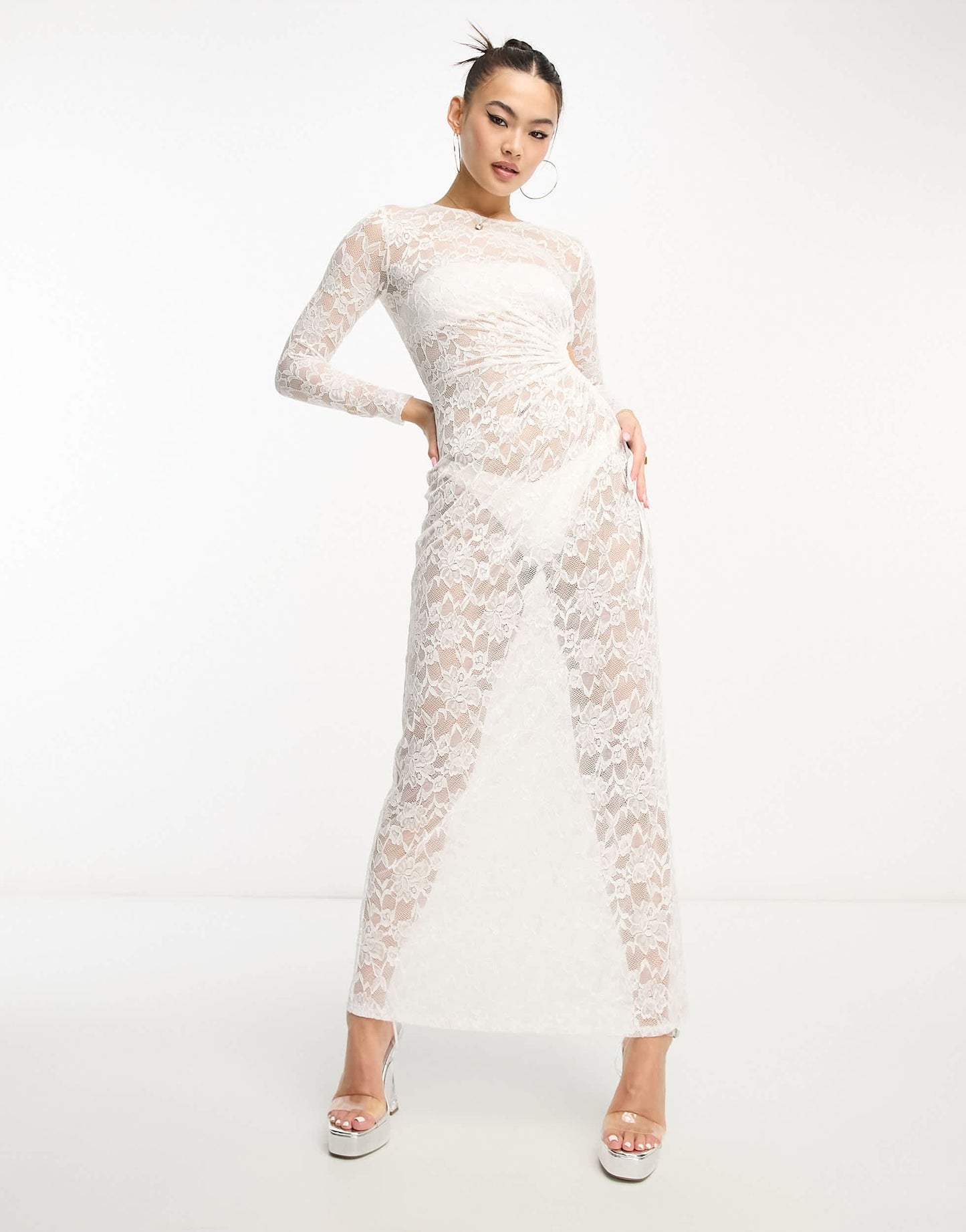 Flounce London sheer lace ruched maxi dress in ivory