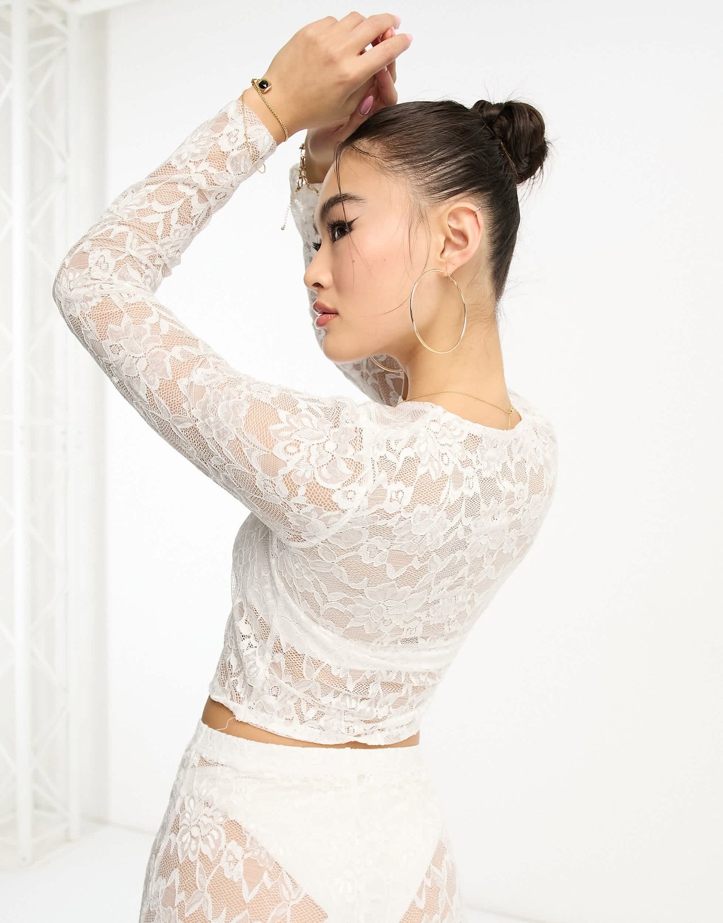 Flounce London sheer lace top in white co ord