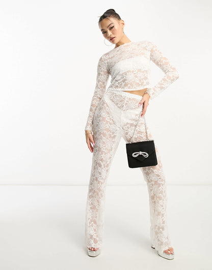 Flounce London sheer lace top in white co ord