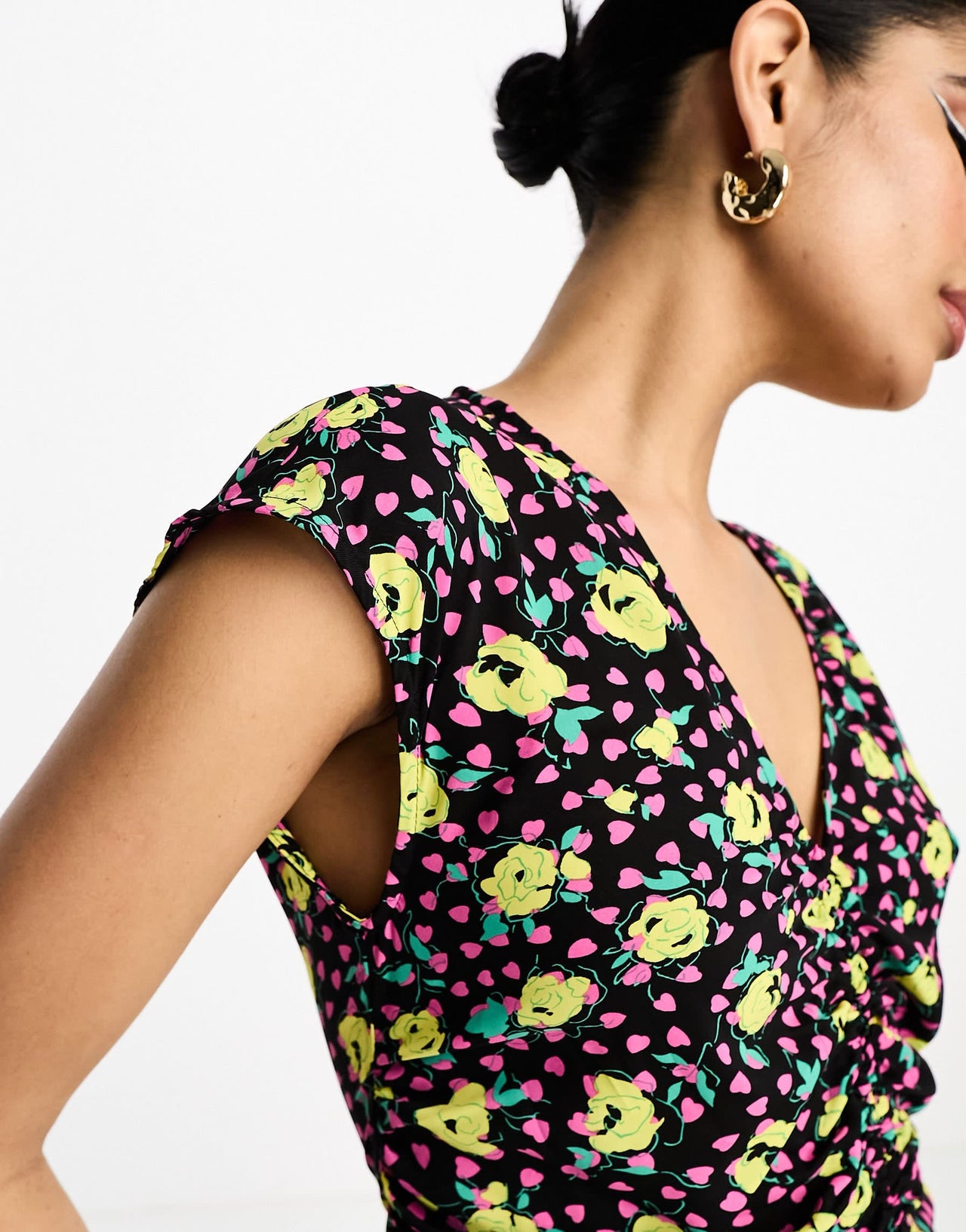 Vila cap sleeve ruched front midi dress in yellow and pink floral