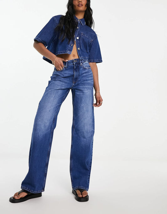 River Island 90s straight mid rise jean in medium denim