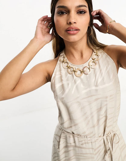 River Island jumpsuit with trim neck detail in light beige print