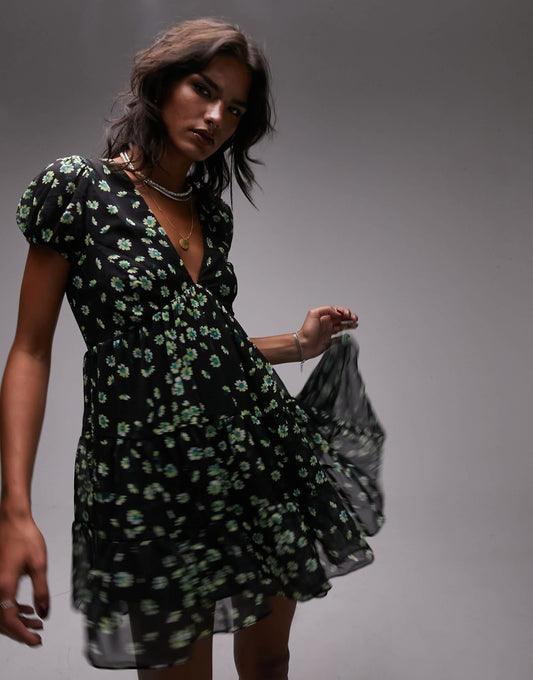 Topshop tiered chuck on mini dress in ditsy print