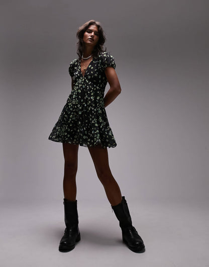 Topshop tiered chuck on mini dress in ditsy print