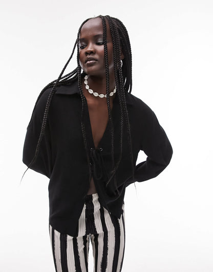 Topshop co-ord long sleeve tie up top in black