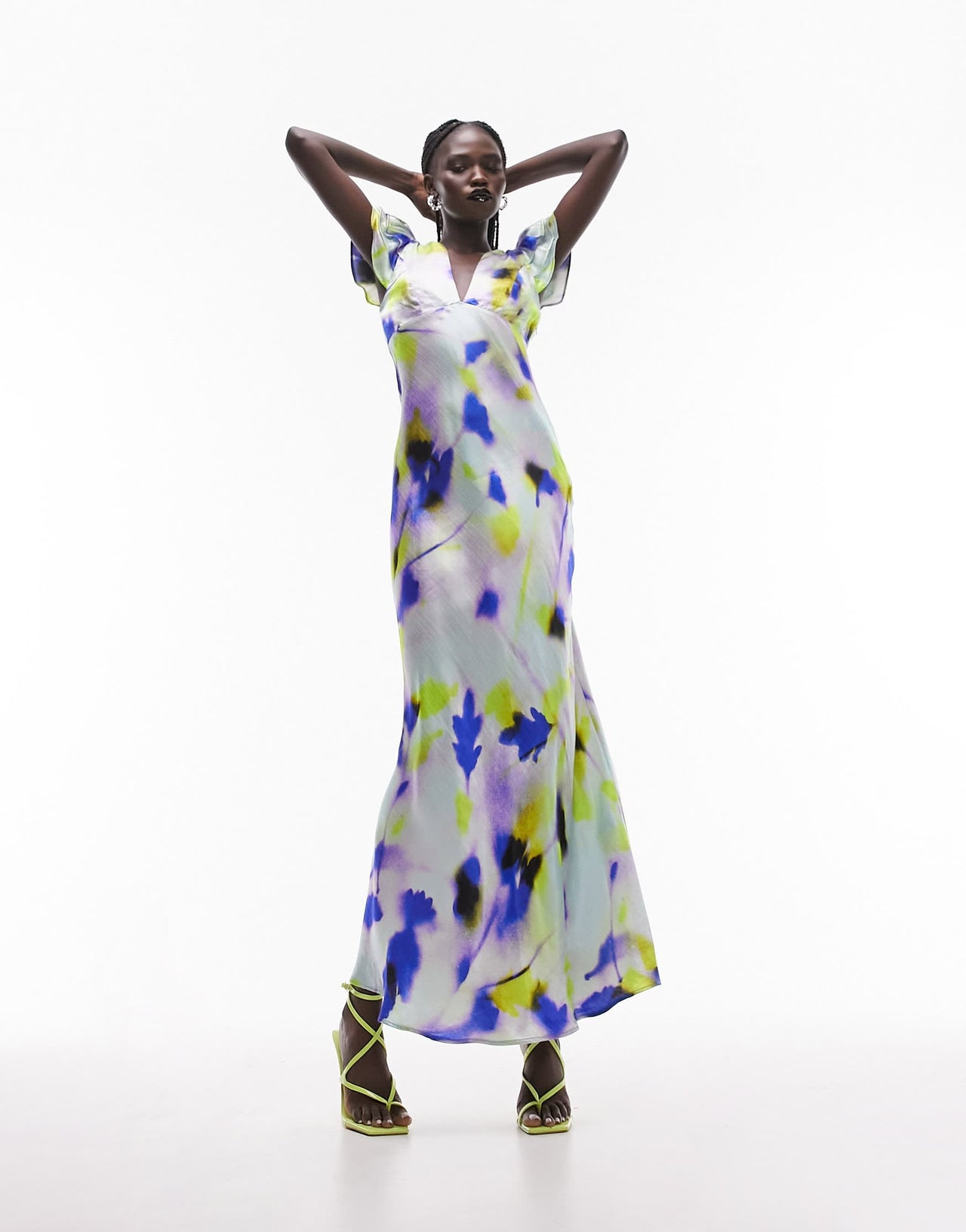 Topshop angel sleeve tie back midi dress in floral print