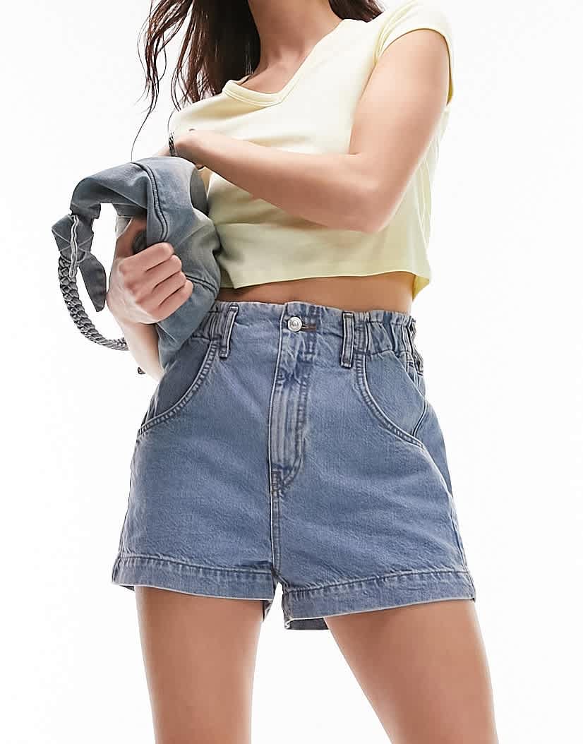 Topshop paperbag denim short in mid blue